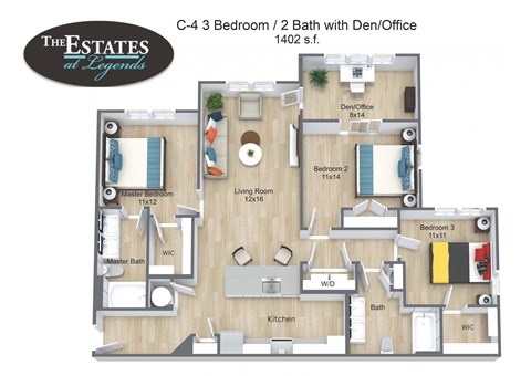 Floor plan for 3 beds, 2 baths, 1402 sqft